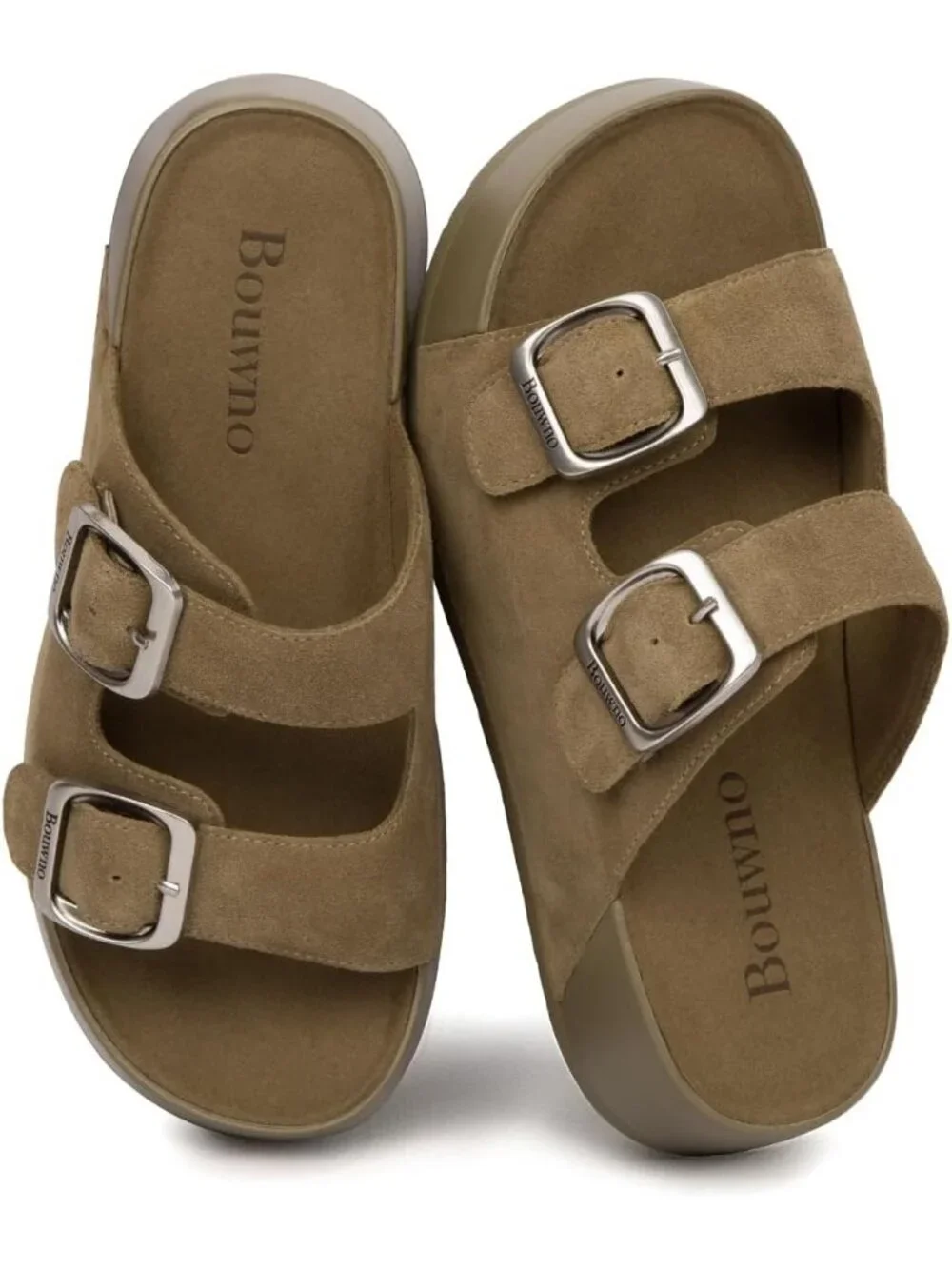 Women's Khaki Slide Buckle Genuine Leather Slip on Beach Platform Sandal Shoes